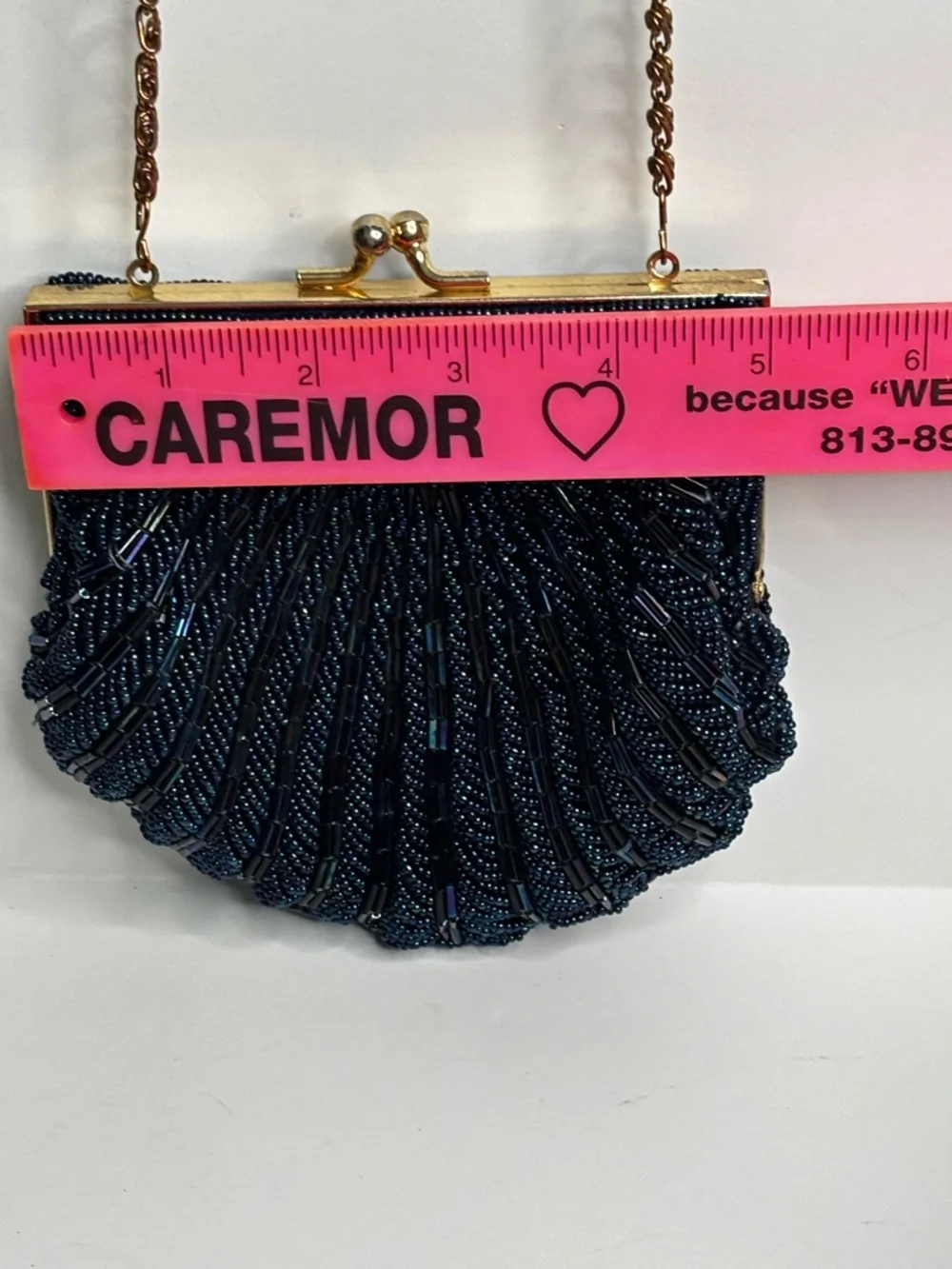 Vintage Evening Clutch Navy Blue Beaded Purse Kiss Lock Gold Chain Strap